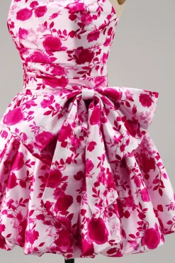 Floral Fuchsia Strapless Uma linha Homecoming Dress com arco