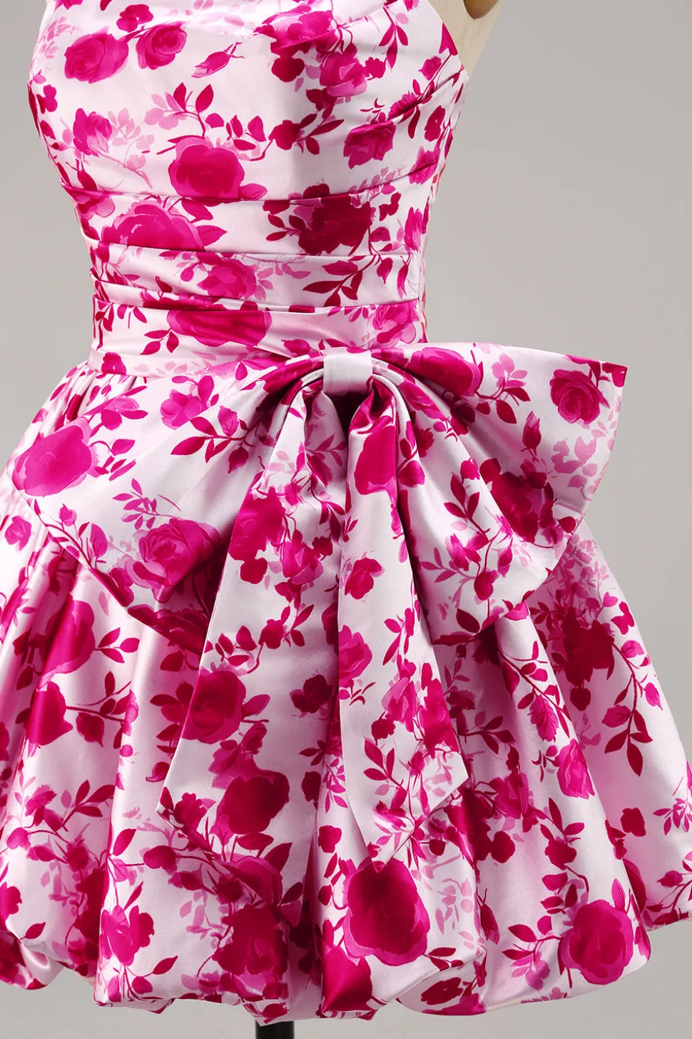 Floral Fuchsia Strapless Uma linha Homecoming Dress com arco