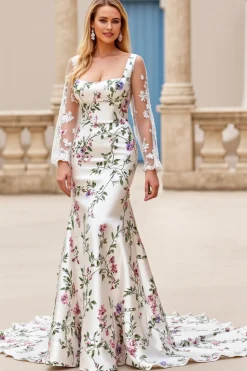 Floral Marfim Sereia Pescoço Quadrado Sweep/Brush Trem Vestido de Noiva com Renda