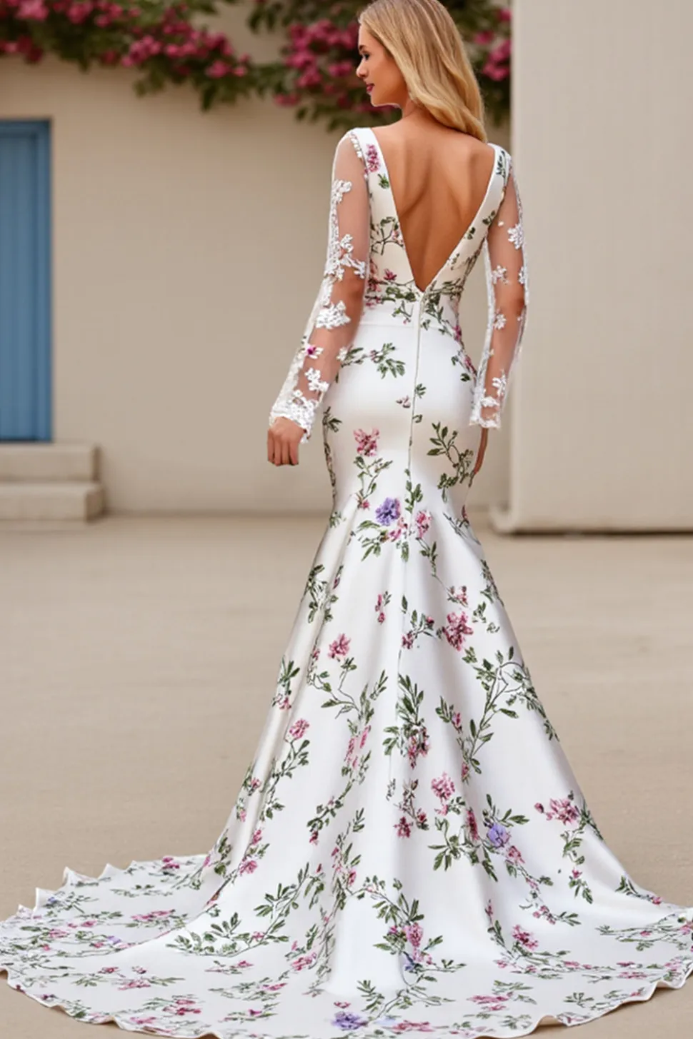 Floral Marfim Sereia Pescoço Quadrado Sweep/Brush Trem Vestido de Noiva com Renda
