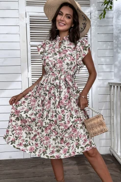 Floral Rosa Branco Linha-A Midi Vestido Verão