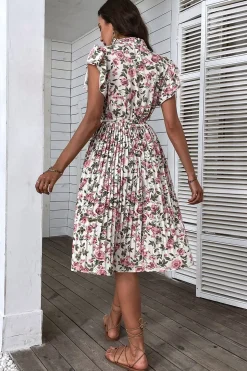 Floral Rosa Branco Linha-A Midi Vestido Verão