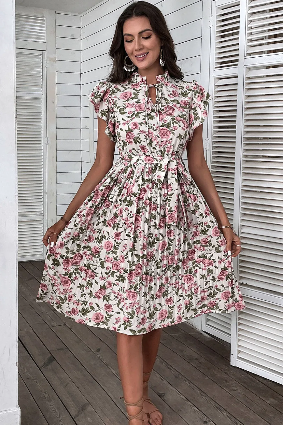 Floral Rosa Branco Linha-A Midi Vestido Verão