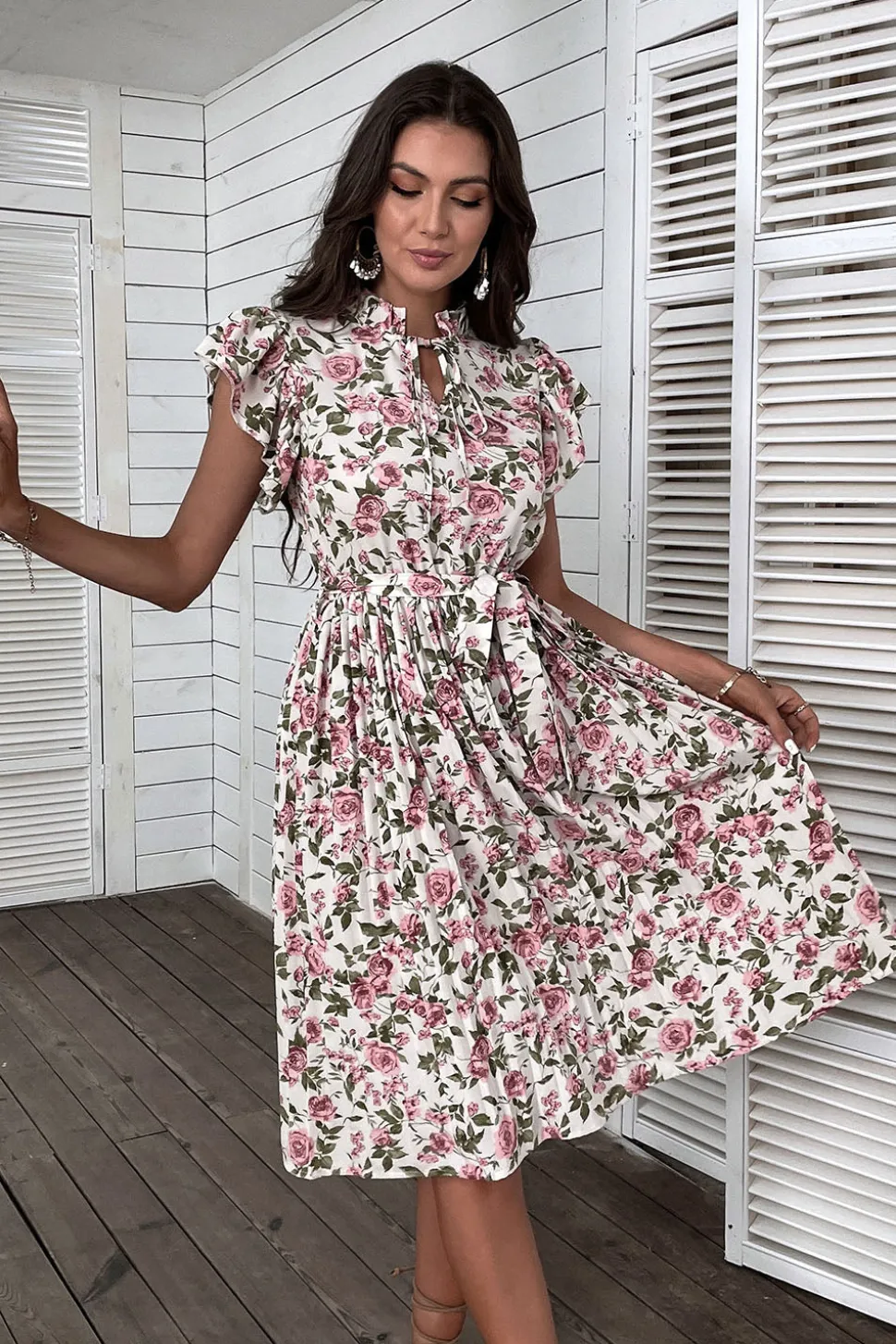 Floral Rosa Branco Linha-A Midi Vestido Verão