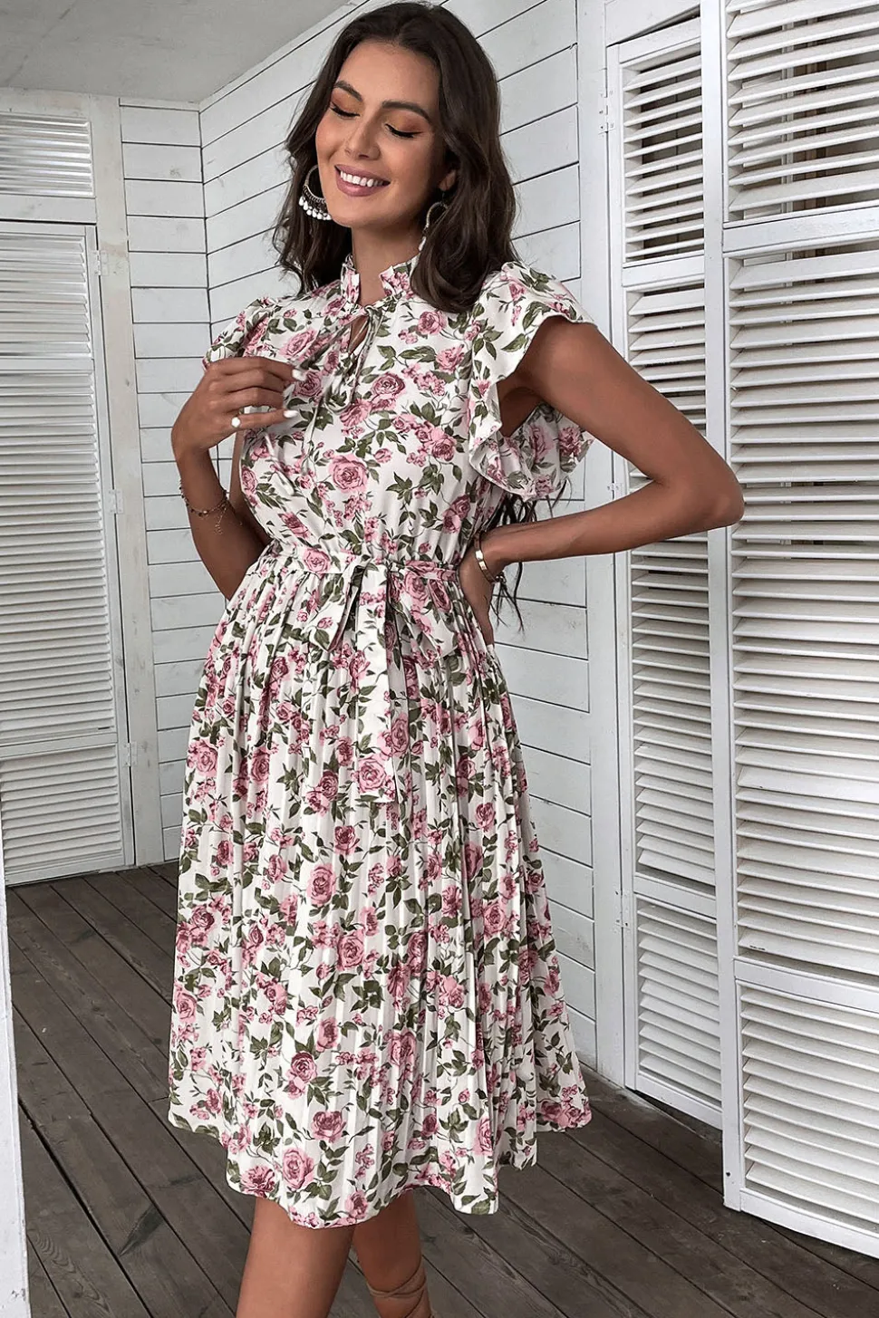 Floral Rosa Branco Linha-A Midi Vestido Verão