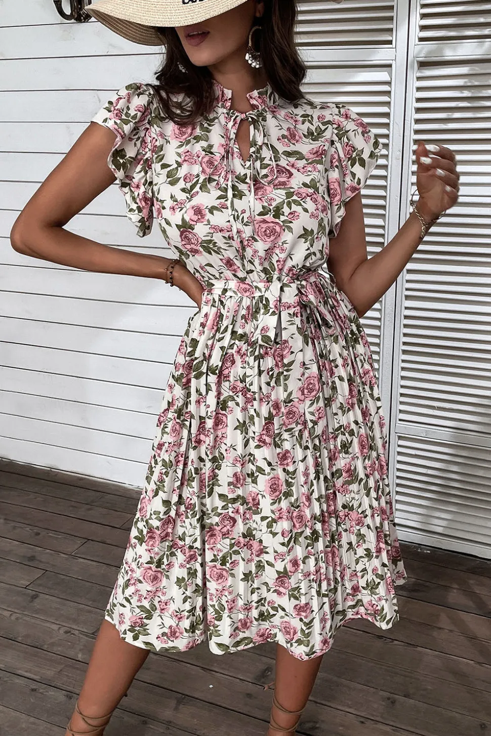 Floral Rosa Branco Linha-A Midi Vestido Verão