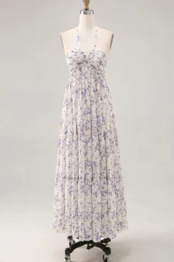 Floral Ruched A Line Blue Halter Long Wedding Guest Dress