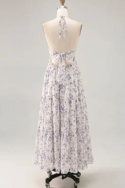 Floral Ruched A Line Blue Halter Long Wedding Guest Dress