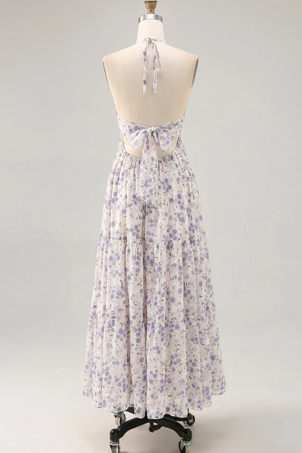 Floral Ruched A Line Blue Halter Long Wedding Guest Dress