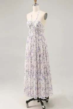 Floral Ruched A Line Blue Halter Long Wedding Guest Dress