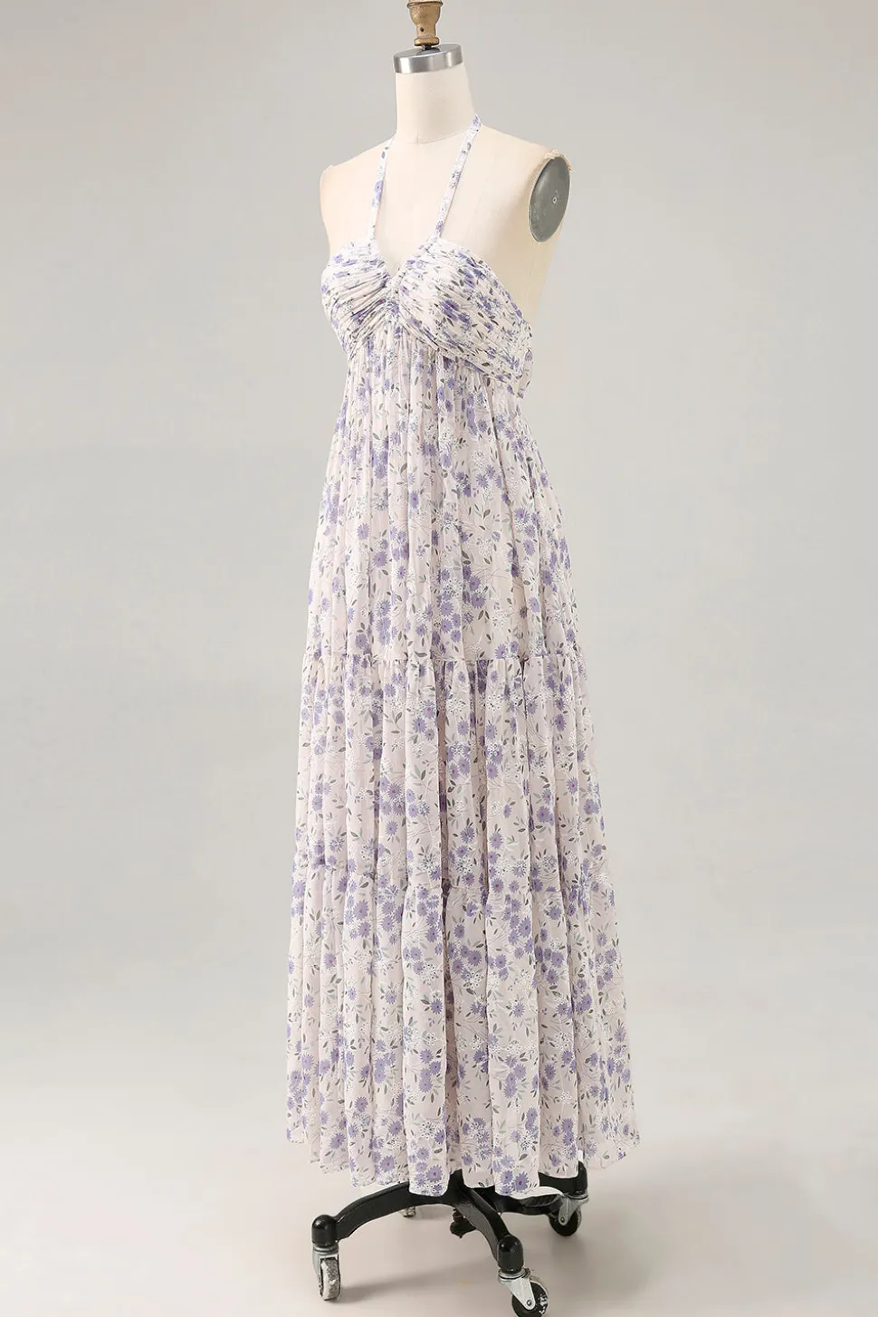 Floral Ruched A Line Blue Halter Long Wedding Guest Dress