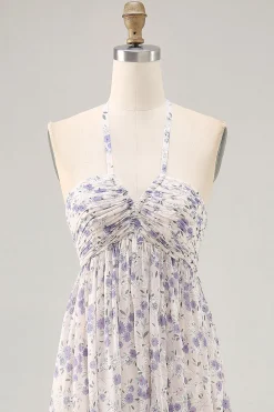 Floral Ruched A Line Blue Halter Long Wedding Guest Dress