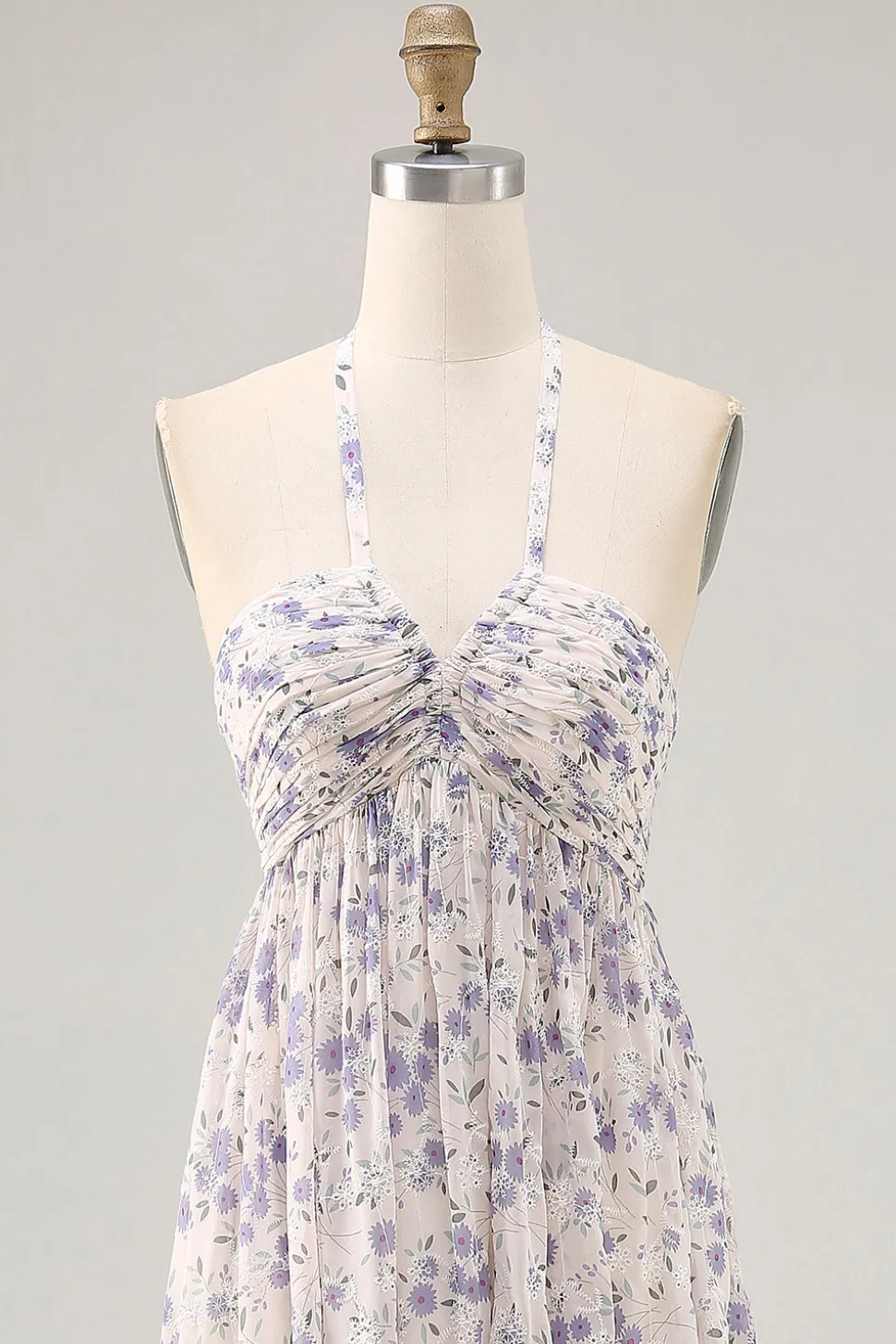 Floral Ruched A Line Blue Halter Long Wedding Guest Dress