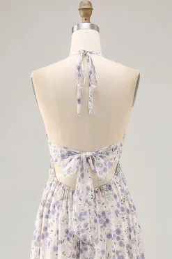 Floral Ruched A Line Blue Halter Long Wedding Guest Dress
