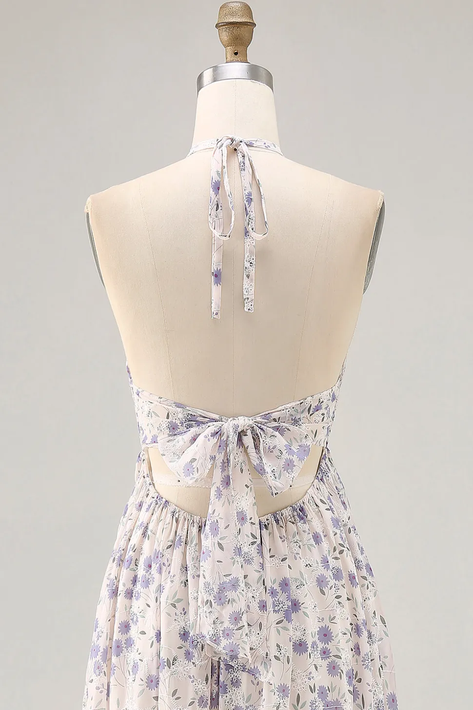 Floral Ruched A Line Blue Halter Long Wedding Guest Dress