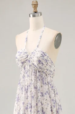 Floral Ruched A Line Blue Halter Long Wedding Guest Dress
