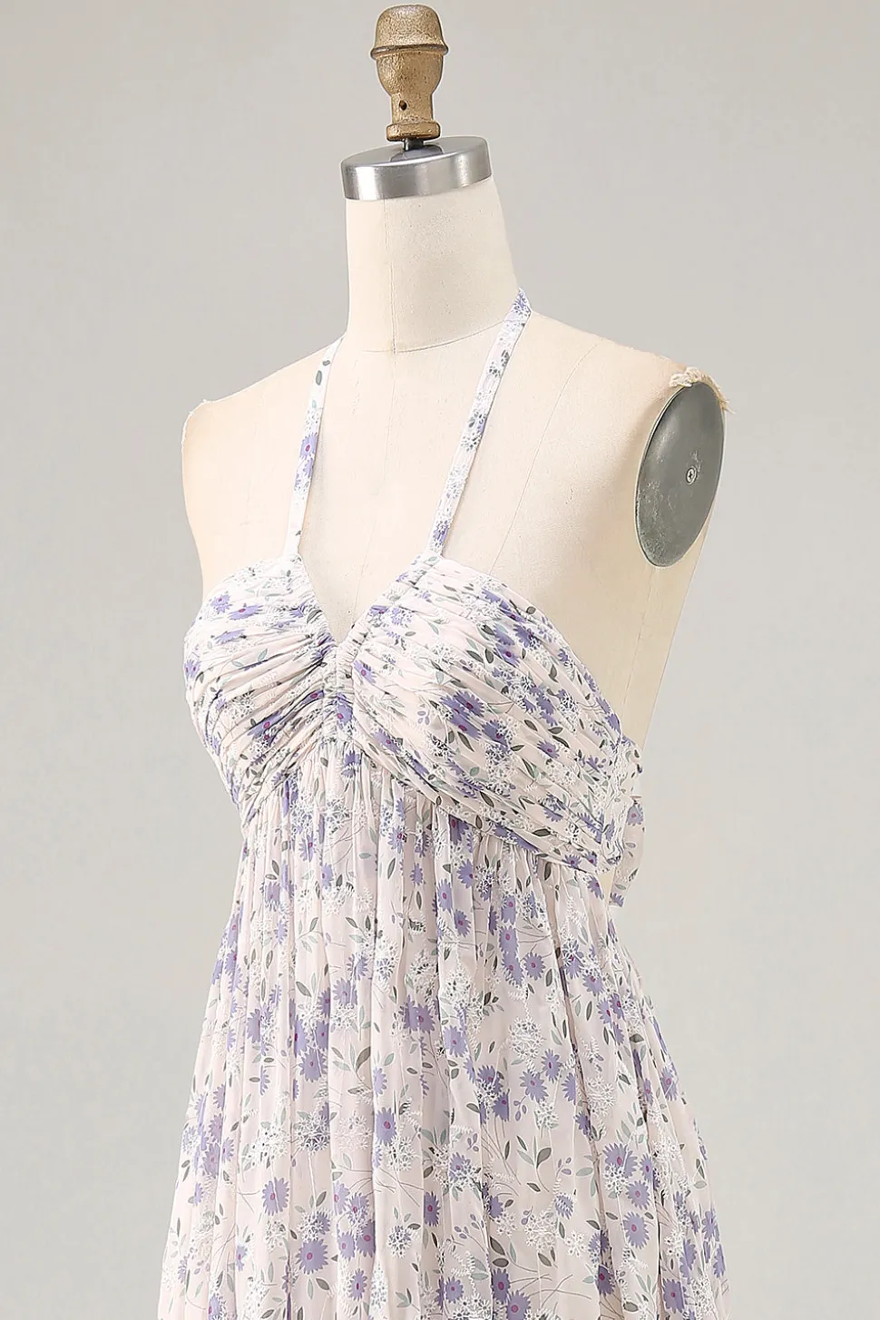 Floral Ruched A Line Blue Halter Long Wedding Guest Dress
