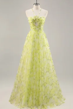 Floral verde amarelo Uma linha cortada longo vestido de baile