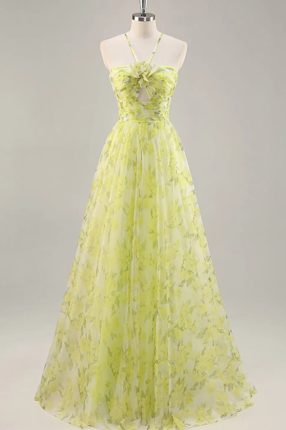 Floral verde amarelo Uma linha cortada longo vestido de baile