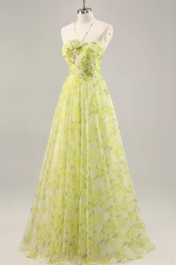 Floral verde amarelo Uma linha cortada longo vestido de baile