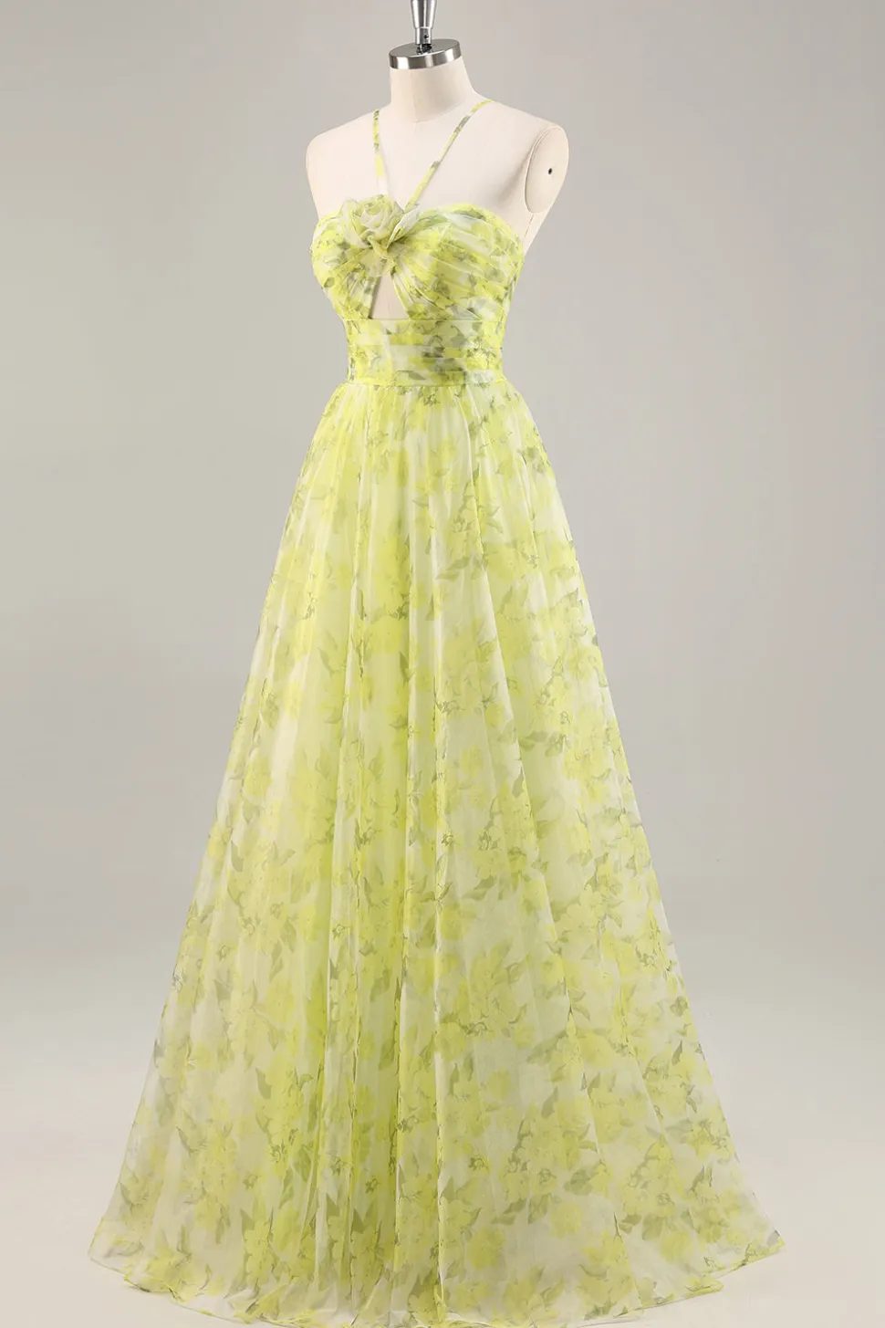 Floral verde amarelo Uma linha cortada longo vestido de baile