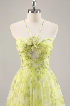 Floral verde amarelo Uma linha cortada longo vestido de baile