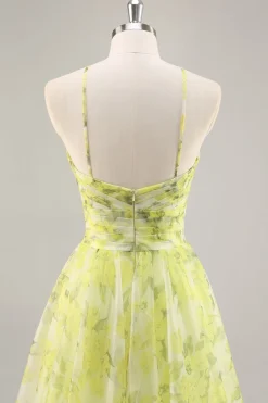 Floral verde amarelo Uma linha cortada longo vestido de baile