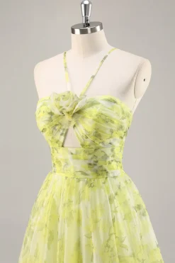 Floral verde amarelo Uma linha cortada longo vestido de baile