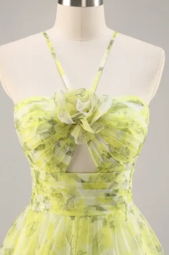 Floral verde amarelo Uma linha cortada longo vestido de baile