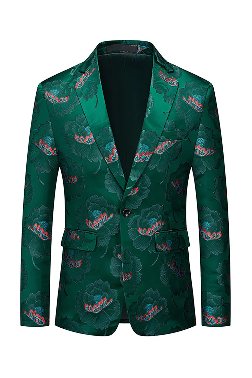 Floral Verde Escuro Notched Lapela Um Botão Blazer Masculino
