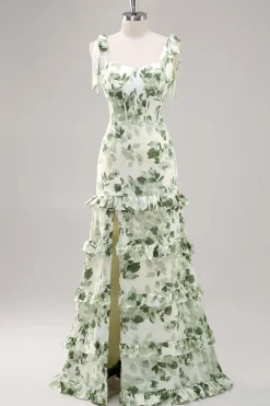 Floral Verde Linha-A Pescoço Quadrado Longo Vestidos Cerimónia com Fenda