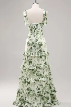 Floral Verde Linha-A Pescoço Quadrado Longo Vestidos Cerimónia com Fenda