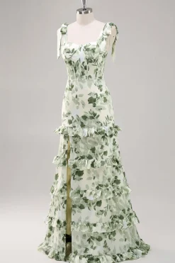 Floral Verde Linha-A Pescoço Quadrado Longo Vestidos Cerimónia com Fenda