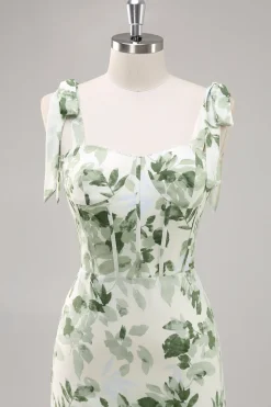 Floral Verde Linha-A Pescoço Quadrado Longo Vestidos Cerimónia com Fenda