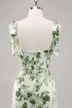 Floral Verde Linha-A Pescoço Quadrado Longo Vestidos Cerimónia com Fenda