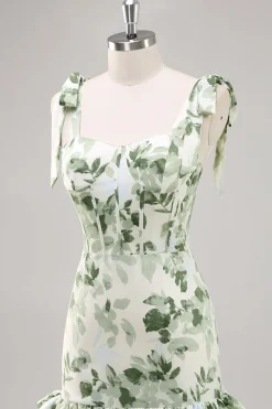 Floral Verde Linha-A Pescoço Quadrado Longo Vestidos Cerimónia com Fenda