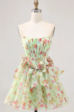 Floral Verde Strapless Uma Linha Corset Homecoming Dress