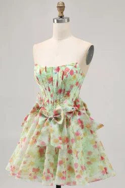 Floral Verde Strapless Uma Linha Corset Homecoming Dress