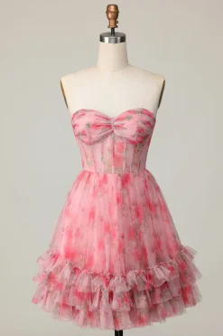 Floral vermelho sem alças estampado babado uma linha Homecoming Dress