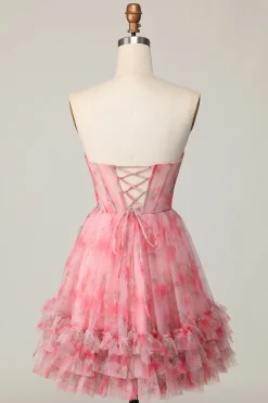 Floral vermelho sem alças estampado babado uma linha Homecoming Dress