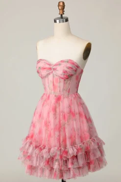 Floral vermelho sem alças estampado babado uma linha Homecoming Dress