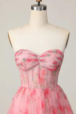Floral vermelho sem alças estampado babado uma linha Homecoming Dress