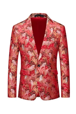 Floral Vermelho Um Botão Encaixado Notched Lapela Blazer Masculino