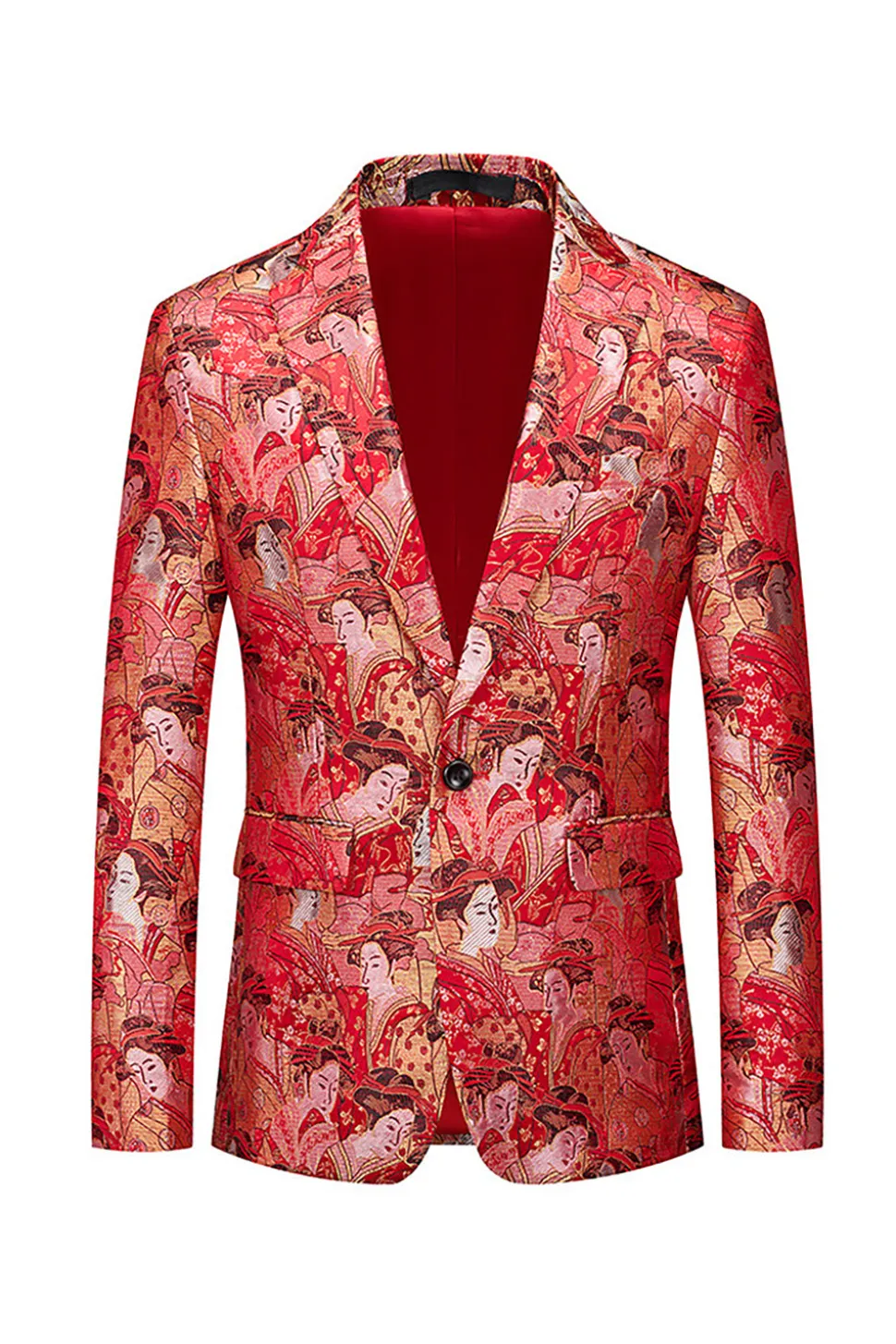 Floral Vermelho Um Botão Encaixado Notched Lapela Blazer Masculino