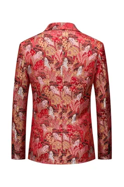 Floral Vermelho Um Botão Encaixado Notched Lapela Blazer Masculino