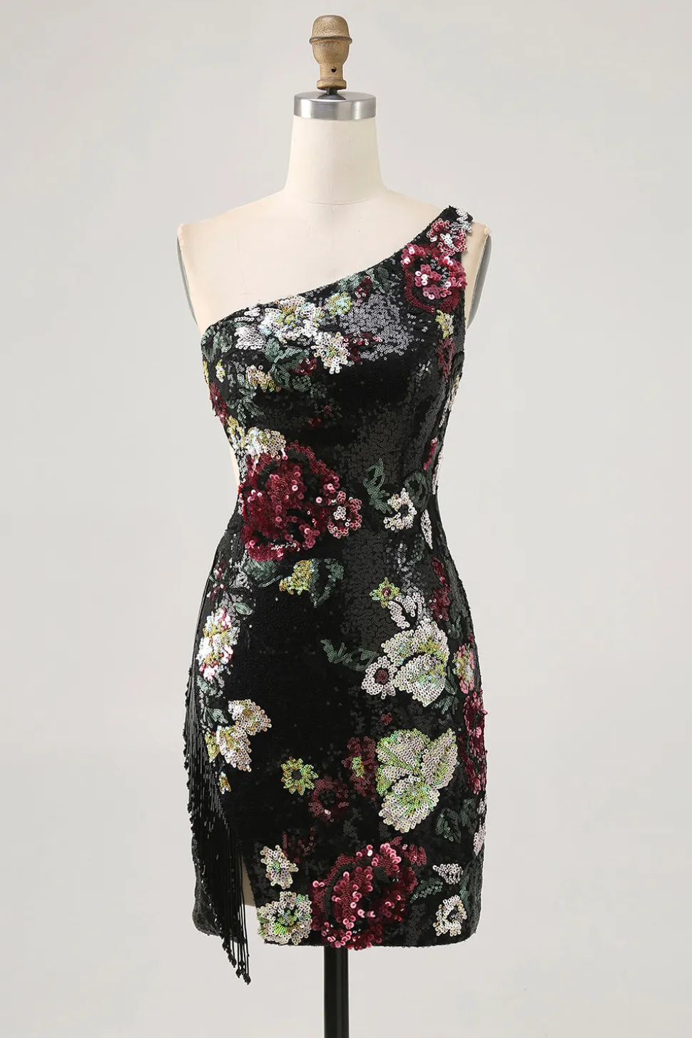 Flores Preto Bodycon Lantejoulas Um Ombro Mini Vestido Cocktail