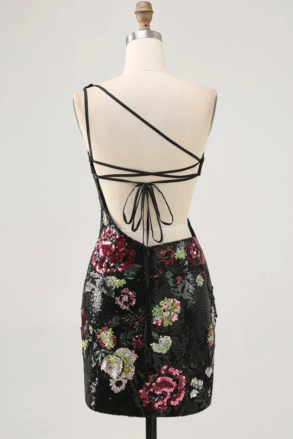 Flores Preto Bodycon Lantejoulas Um Ombro Mini Vestido Cocktail