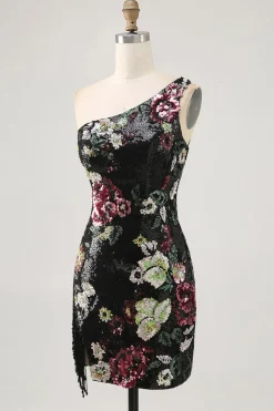 Flores Preto Bodycon Lantejoulas Um Ombro Mini Vestido Cocktail