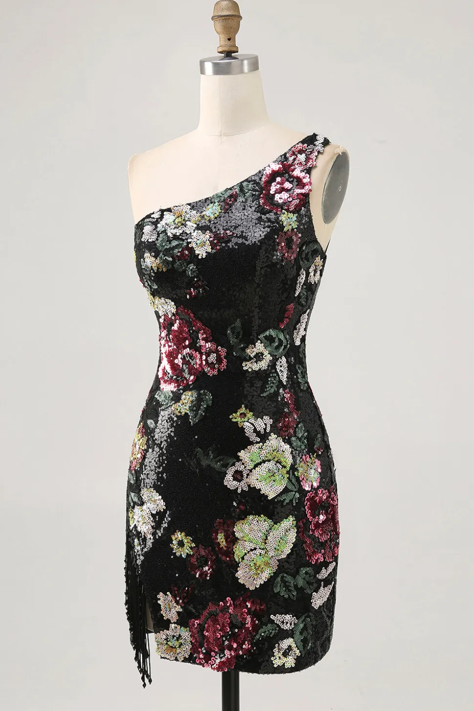 Flores Preto Bodycon Lantejoulas Um Ombro Mini Vestido Cocktail