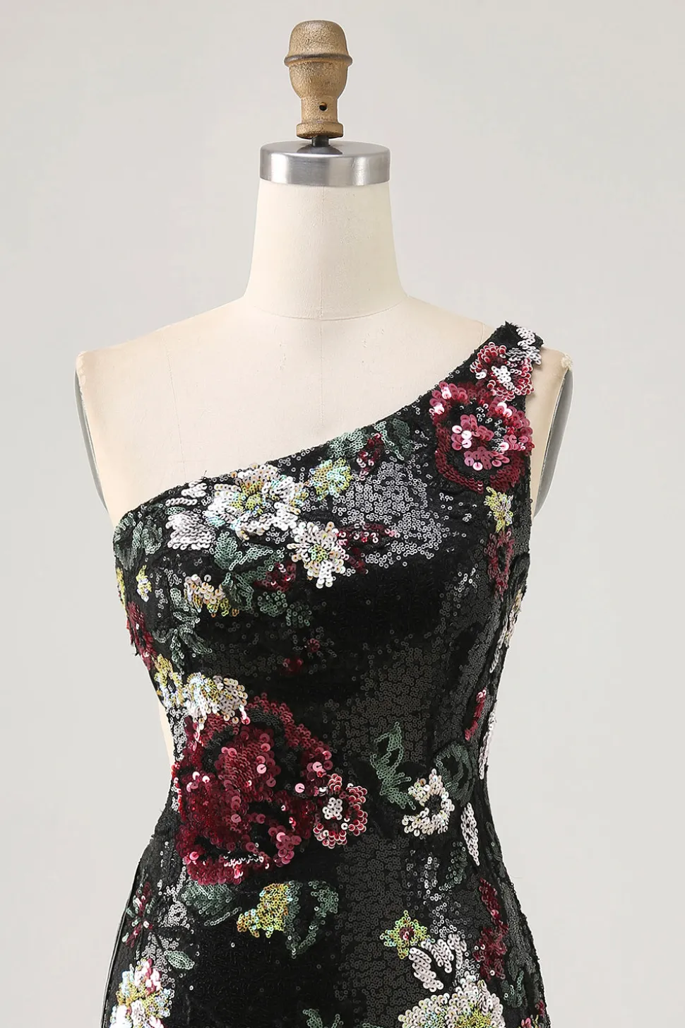 Flores Preto Bodycon Lantejoulas Um Ombro Mini Vestido Cocktail